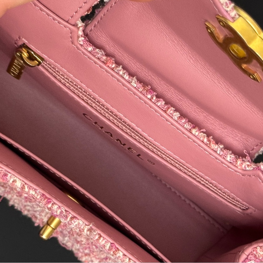Chanel 24P KELLY Nano Barbie Pink Tweed Top Handle Shopping Bag Handbag Gold - Picture 11 of 12